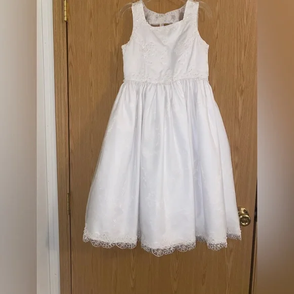 open lace back dress Amelia Girls First Communion Dress in Satin & Lace White / 12